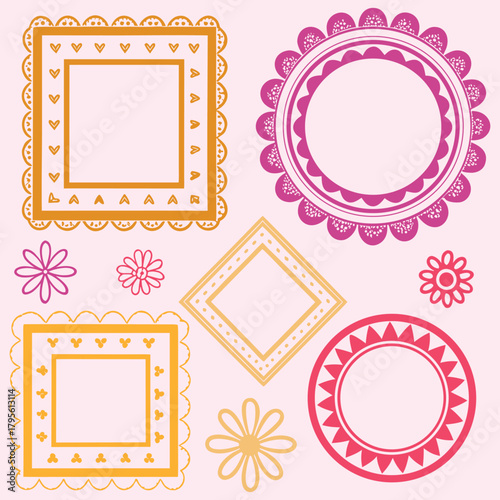 Colorful decorative frames with floral accents in a playful vector style. Square, round, and diamond shapes create a charming design set. Perfect for scrapbooking, invitations, and creative layouts.