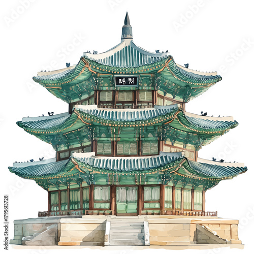 Gyeongbokgung Palace, watercolor painting vector, isolated on a white background.