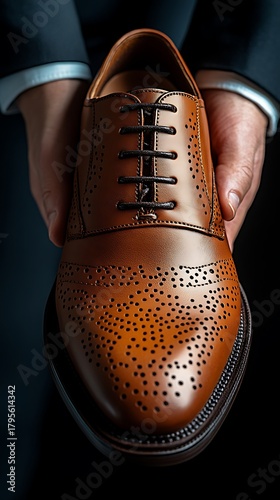 Man holding brown leather wingtip shoe with brogue detailing in elegant presentation