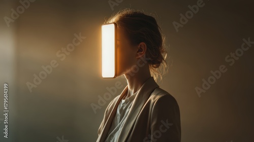 A woman's face is obscured by a bright screen, symbolizing a digital influence. ..Created with Generative AI, not depicting real subjects.