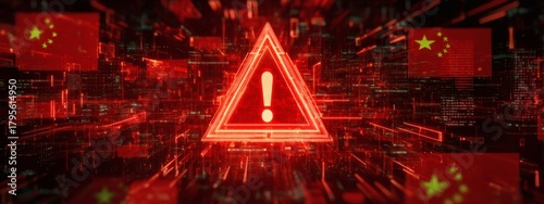  Cybersecurity alert concept with digital warning signs and Chinese flag overlay on red background symbolizing internet system threat or data attack risk. 