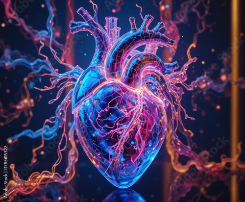 Dynamic Heart Illustration with Electric Energy, Digital Art, Futuristic Concept