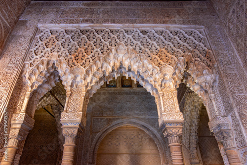 Court of Lions decorations in Nasrid palace of Alhambra, Granada, Spain