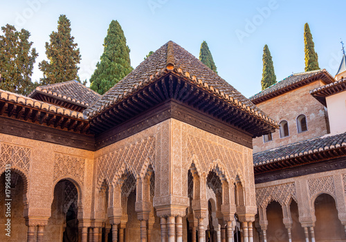 Court of Lions architecture in Nasrid palace of Alhambra, Granada, Spain