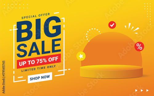 Big sale announcement with special offer up to 75% off on yellow background