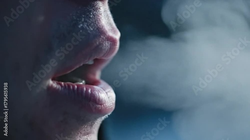 A person's mouth is seen in a close-up side profile against a dark background.