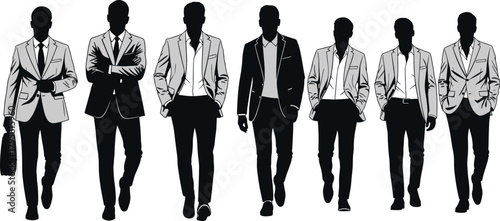 Business team walking, professional men in suits, corporate silhouette illustration, confident group pose, black and gray vector, unity and leadership concept
