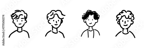 Four Male Faces Line Icon Set In Doodle Style. Diverse Hairstyles And Expressions Outline Sketch Collection. Character Design And Illustration. Hand Drawn Isolated Vector Illustration