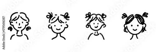 Child Faces With Different Hairstyles Line Icon Set In Doodle Style. Expressive Emotions And Personality Outline Sketch Collection. Hand Drawn Isolated Vector Illustration