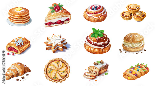 Holiday Pastry Vector Set — Festive Desserts, Sweet Treats, and Seasonal Bakery Illustrations