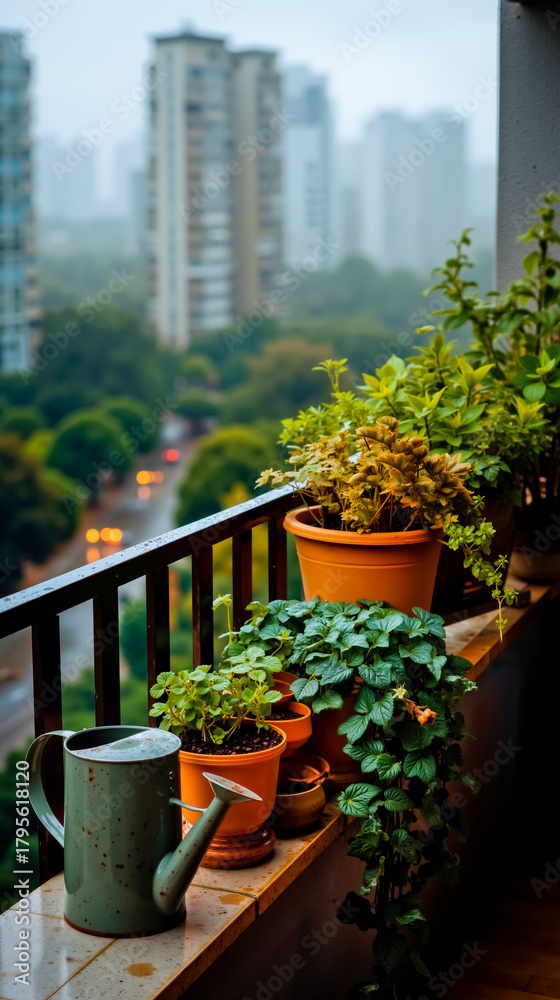 Naklejka premium A balcony with potted plants and a watering can
