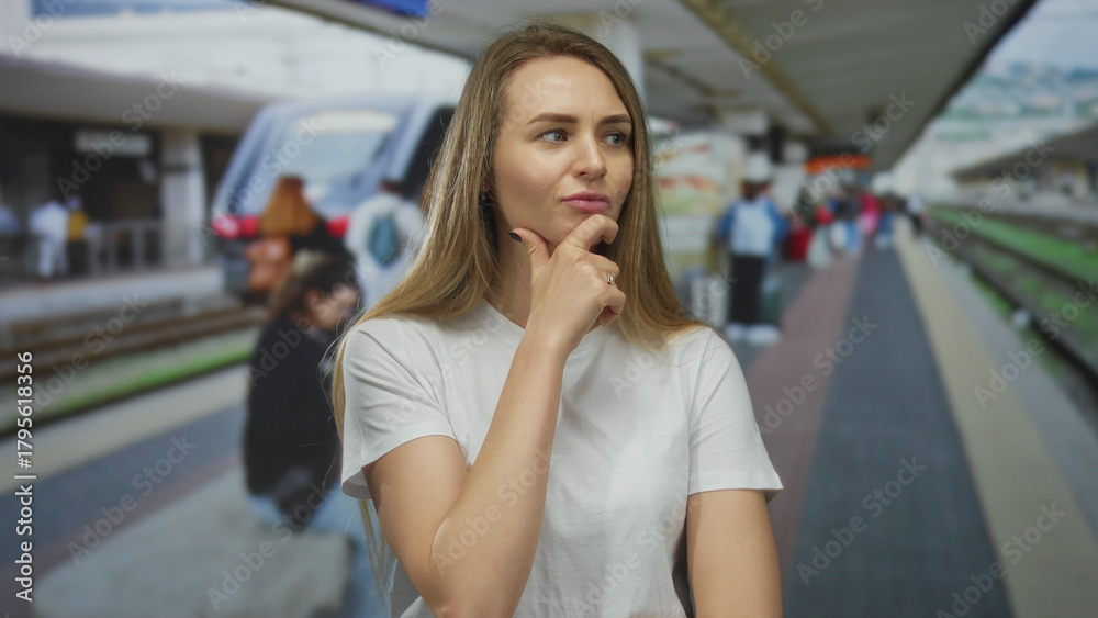 Fototapeta premium Young woman standing pensively at a busy outdoor train station with a thoughtful expression as people wait on the railway platform.