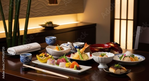 テーブルに美しく並べられた和食のコース料理