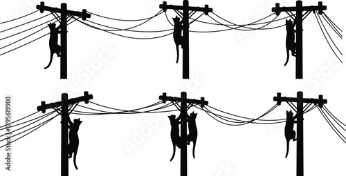 Cats climbing utility poles silhouette, whimsical vector illustration, surreal feline artwork with electri