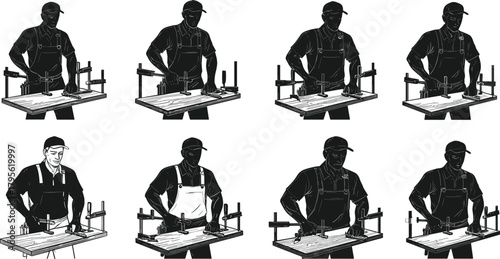 Carpenter working at woodworking table using tools, craftsman building wooden furniture, precision woodworking process, black and white illustration vector
