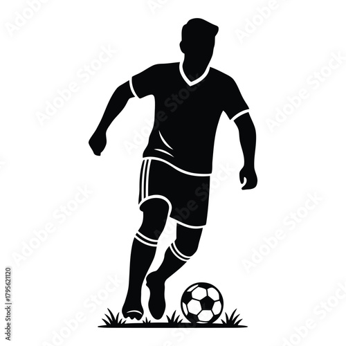 Adobe Illustrator 
The image is a black silhouette of a male soccer player running and controlling the ball (dribbling).
