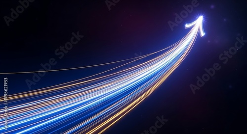 Dynamic abstract streaks of light form a glowing arrow pointing upwards, symbolizing progress and success in a digital universe.