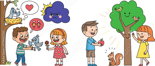 Children showing kindness and helping animals, happy nature scene with sharing and caring, positive behavior educational cartoon illustration