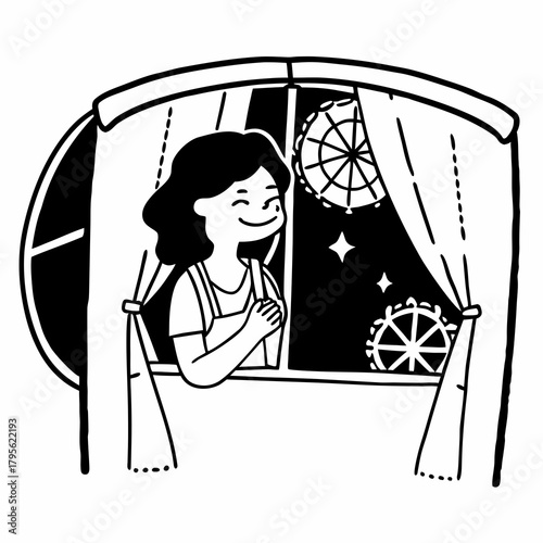 Young girl looking out window at night with ferris wheel and stars