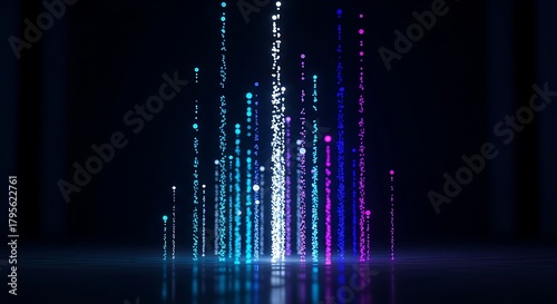 Dynamic digital data streams ascend, illuminating innovation and technological advancement with vibrant blue and purple light.