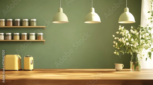 Fototapeta Naklejka Na Ścianę i Meble -  Modern kitchen interior with yellow appliances, spice rack, pendant lights, and flower vase