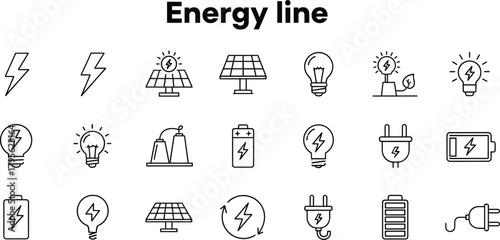 Energy and electricity line icons set with solar panels, light bulbs, batteries, recycling symbols, vector illustration for sustainable power industry stock content