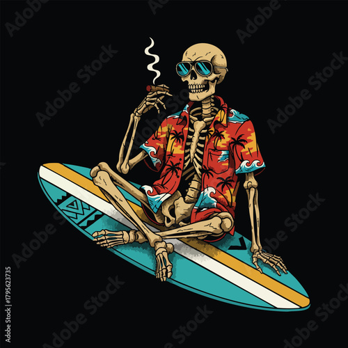 Skeleton Surfer Relaxing on Board with Cigar