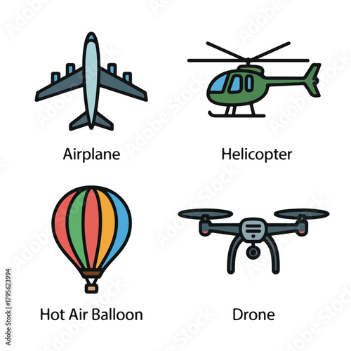 Airplane, helicopter, hot air balloon and drone isolated on