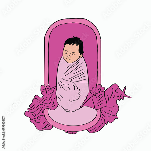 Adorable Newborn Baby Girl Peacefully Swaddled in Soft Pink Blanket Nestled on an Ornate Floral Throne or Charming Vector Illustration for Baby Announcements, Nursery Decor, and Maternity Themes