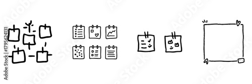 Hand-Drawn Sticky Notes And Planner Icons In Doodle Style. Task Management, Organization, And Planning Outline Sketch Collection. Hand Drawn Isolated Vector Illustration