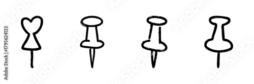 Push Pins Line Icon Set In Doodle Style. Office Supplies, Bulletin Board, And Organization Tools Outline Sketch Collection. Hand Drawn Isolated Vector Illustration