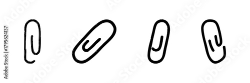 Paperclip Line Icon Set In Doodle Style. Office Supplies, Document Organization, And Stationery Tools Outline Sketch Collection. Hand Drawn Isolated Vector Illustration