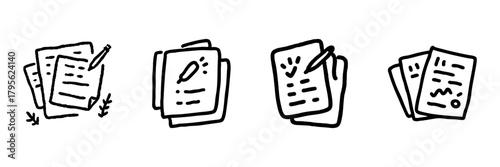 Documents And Writing Tools Line Icon Set In Doodle Style. Creative Writing, Note-Taking, And Document Management Outline Sketch Collection. Hand Drawn Isolated Vector Illustration