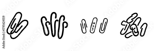 Paperclip Line Icon Set In Doodle Style. Office Supplies, Organization, And Document Management Outline Sketch Collection. Stationery Essentials. Hand Drawn Isolated Vector Illustration