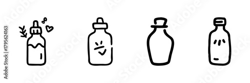 Bottles And Jars Line Icon Set In Doodle Style. Essential Oils, Herbal Remedies, And Natural Skincare Outline Sketch Collection. Hand Drawn Isolated Vector Illustration