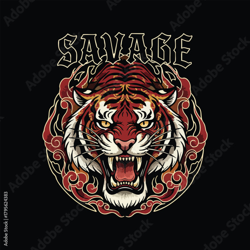 Fierce Tiger Head with Ornate Design and Savage Text