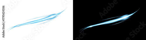 Abstract glowing blue energy slash with a dynamic motion trail, a futuristic special effect element isolated on contrasting black and white backgrounds for design