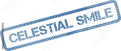Grungy blue dotted stamp impression displaying the uplifting words Celestial Smile for joyful expressions