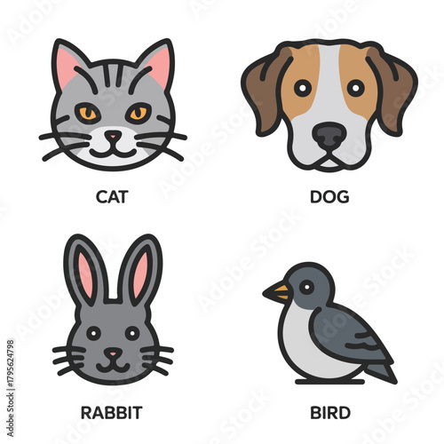 Pet animal icons isolated on for domestic animal concept