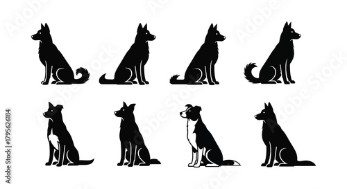 Silhouettes of various dog breeds in different seated and standing positions