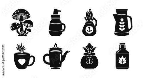 Black silhouette icons of mushrooms teapots bottles and decorative plants