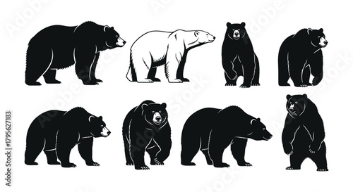 A collection of stylized bear silhouettes in varying positions and colors