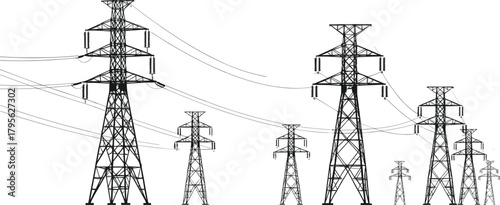 High voltage transmission towers with electricity pylons, insulators, overhead power lines, energy