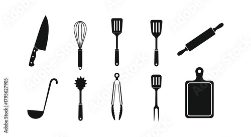 A collection of black silhouette kitchen utensils on a white background