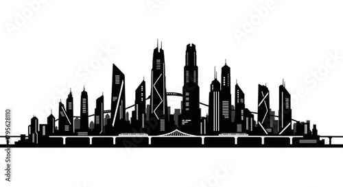 Silhouette of a futuristic city skyline with elevated trains and modern architecture design is shown