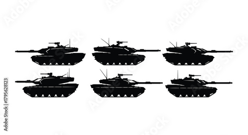 Silhouette arrangement of military tanks presented in a grid formation