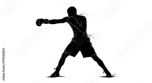 Silhouette of a boxer in action throwing a punch with boxing gloves in a fighting stance position