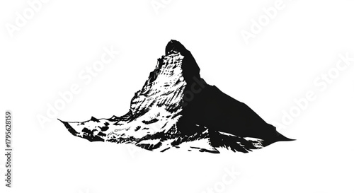 Illustration of a stark black and white mountain peak with snow and shadow detail on a white background