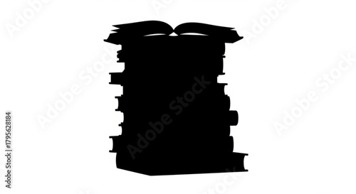 Silhouette of a tall stack of books with one open on top against a white background image view