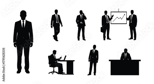Silhouettes of business people in various professional poses and settings